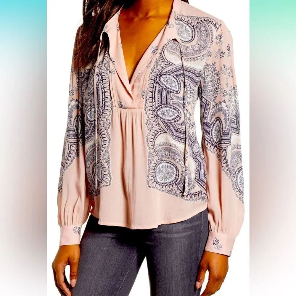 Lucky Brand Women's Scarf Paisley Popover Peasant Top tie string 2X pink